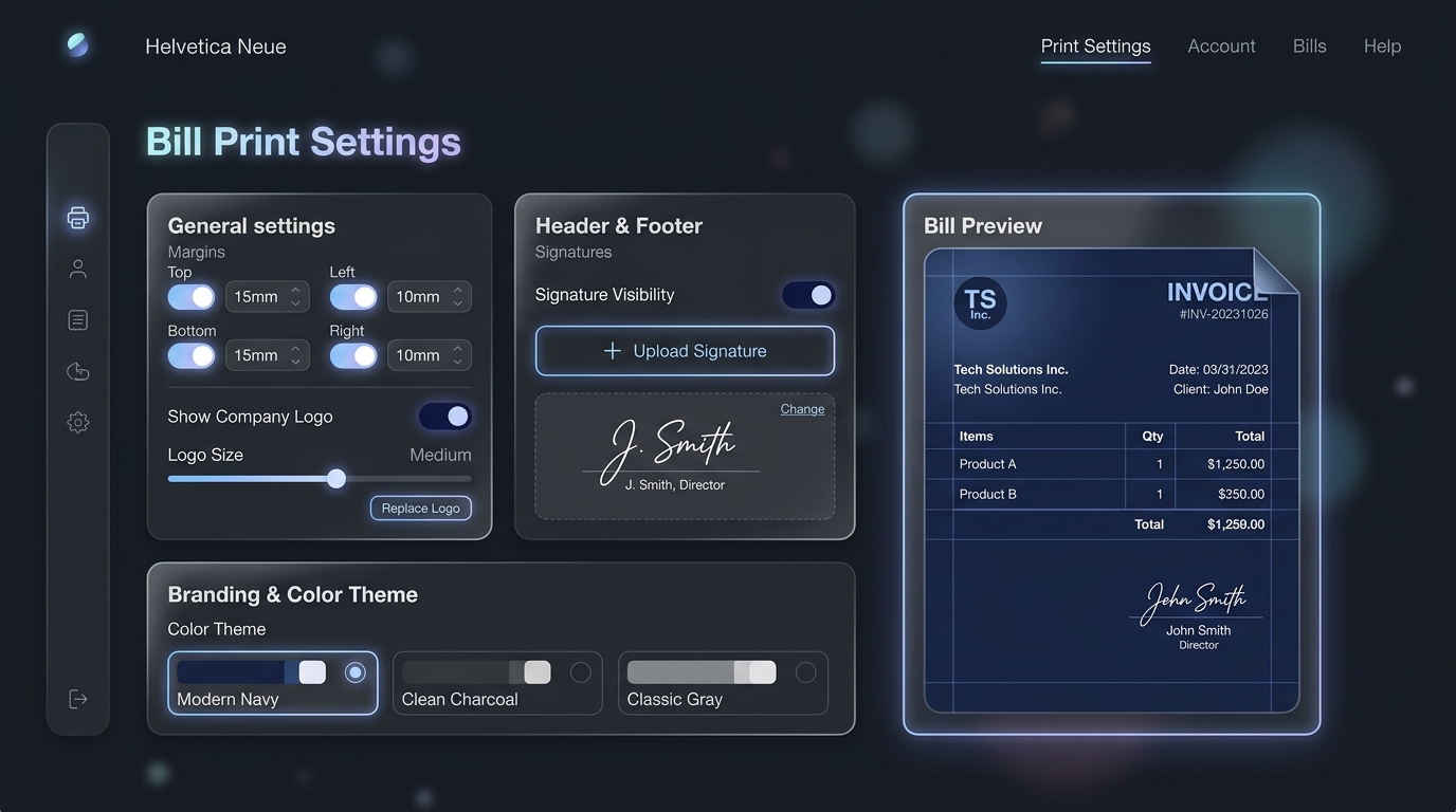 KleemSoft customized print settings UI dashboard mockup showing margins, toggles and logo selections
