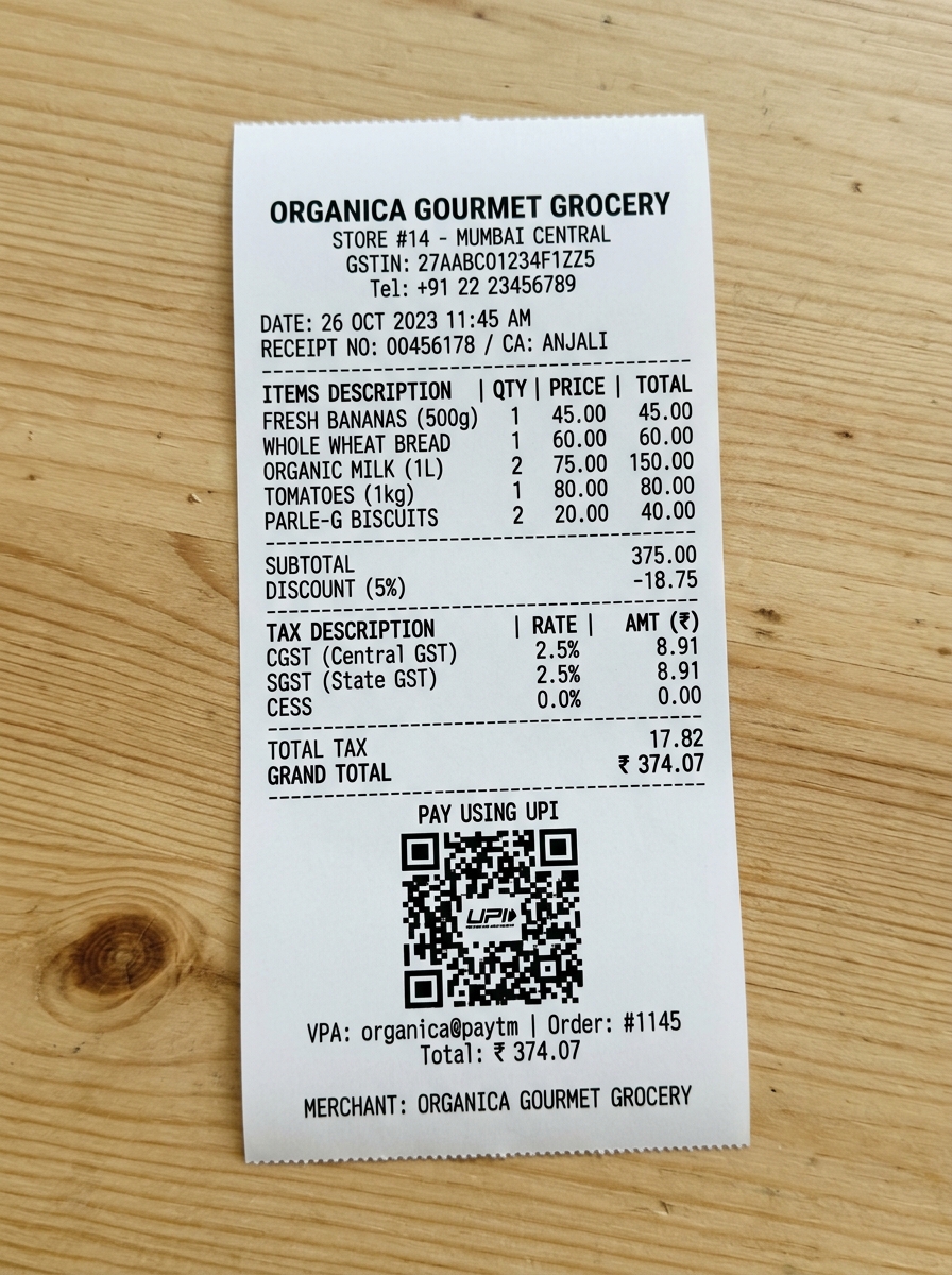 Printed thermal 3-inch receipt mockup with grocery list and payment QR code